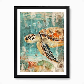 Textured Sea Turtle Collage With Bubbles 4 Art Print