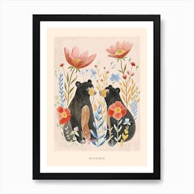 Folksy Floral Animal Drawing Black Bear 2 Poster Art Print