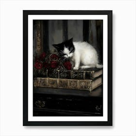 Dark Gothic Cat With Roses Art Print