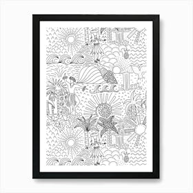 Hawaiian Toile Polynesian Hula Dance Tropical Landscape Black White Art Print