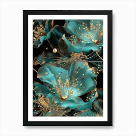 Teal Flowers Wallpaper Art Print