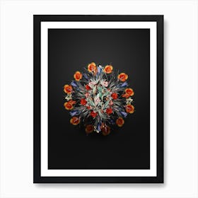 Vintage Long Branched Enothera Floral Wreath on Wrought Iron Black Art Print