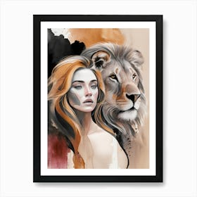 Lion And Woman Art Print