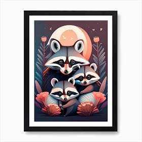 Raccoon Family At Night Art Print