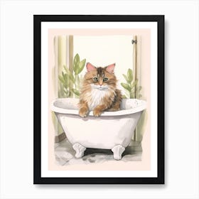 Norwegian Forest Cat In Bathtub Botanical Bathroom 2 Art Print