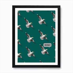 Cheeky Seagull Eating A Chip Coastal Green Print Art Print