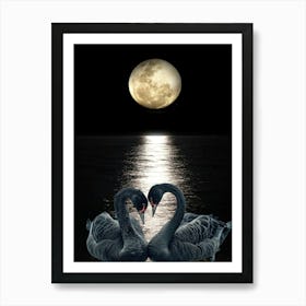 Black Swans Night Moon Art print Art Print