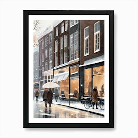 Amsterdam cafes, winter season, Christmas, autumn oil colors, pale colors, pedestrians in the street, winter clothes, falling snow.10 Art Print