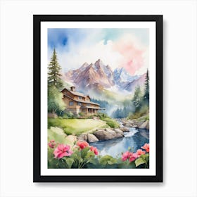 Watercolor Of A Mountain House Art Print