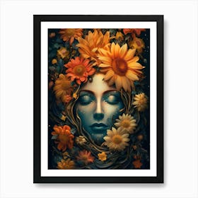 Woman With Sunflowers On Her Head 3 Art Print