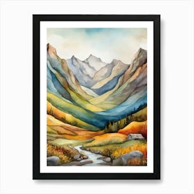 Mountain Stream with Cabin  Art Print