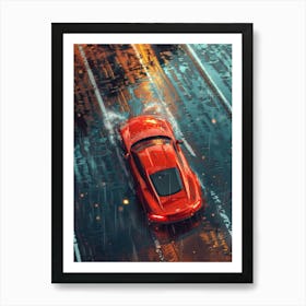 Red Sports Car In Rain Art Print