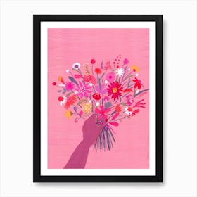 Babe With Bouquet Pink Art Print