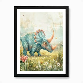 Cute Pattern Triceratops In The Meadow Watercolour Painting 2 Art Print