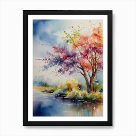 Watercolor Tree By The River Art Print