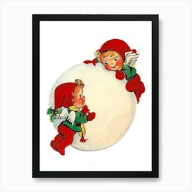 Two Elfs Making A Big Snowball Art Print