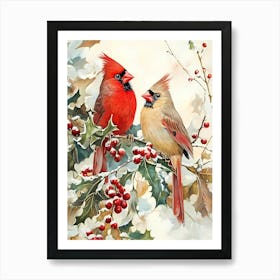 Cardinals On Holly Art Print