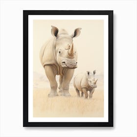 Rhino & Young Rhino Walking Through The Grass Vintage Illustration Art Print