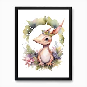 Pterodactyl With A Crown Of Flowers Cute Dinosaur Watercolour 1 Art Print