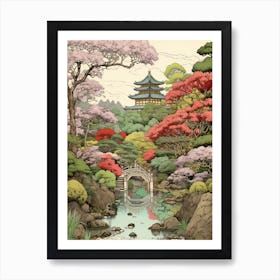 Rikugien Garden In Tokyo, Ukiyo E Drawing 3 Art Print