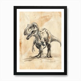 Allosaurus Dinosaur Black Ink & Sepia Illustration 4 Art Print