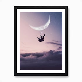 Astronaut Falling On Clouds and Crescent Moon Art Print