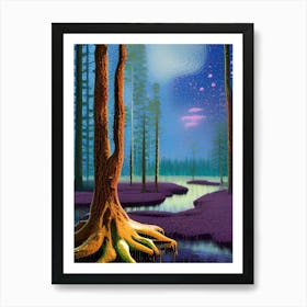 Artwork Outdoors Night Trees Setting Scene Forest Woods Light Moonlight Nature Art Print