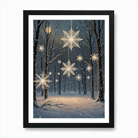 Snowflakes In The Night Forest Art Print