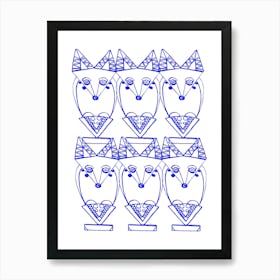 Wolf and Friends- Blue Pattern Art Print