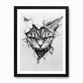 Angry Cat Watching from Wall Hole 21 Art Print