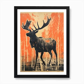 Elk, Woodblock Animal Drawing 1 Art Print