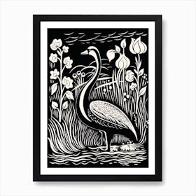 B&W Bird Linocut Swan 4 Art Print