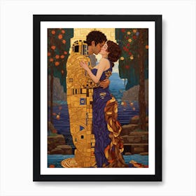 A pixel art version of Gustav Klimt's The Kiss Art Print