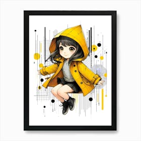 Girl in Yellow Rain Coat - Abstract Line Art Illustration 125 Art Print