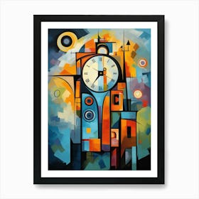 Clock Tower 1, Abstract Vibrant Colorful Modern Cubism Style Art Print