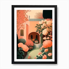 Courtyard With Peonies Orange And Pink 2 Vintage Sketch Art Print