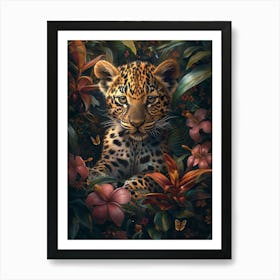A Happy Front faced Leopard Cub In Tropical Flowers 3 Art Print