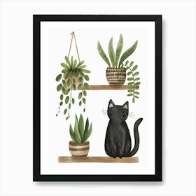 Black Cat With Plants Art Print