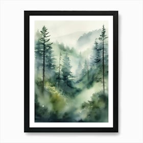 Appalachian Mountains of Misty Pines Watercolor Print of Evergreen Forest..141 Art Print