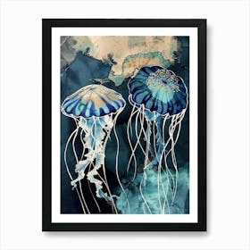 Jellyfish Painting Gold Blue Effect Collage 3 Art Print