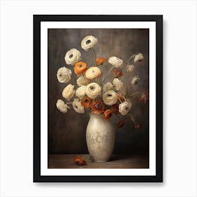 Ranunculus, Autumn Fall Flowers Sitting In A White Vase, Farmhouse Style 4 Art Print