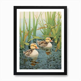 Ducklings With The Water Lilies Japanese Woodblock Style  3 Art Print