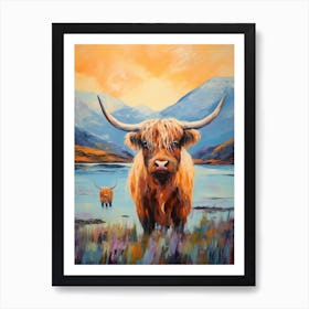 Highland Cows In The Loch Impressionism Style Paintings 1 Art Print