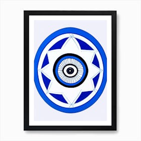 Dharma Wheel, Symbol, Third Eye Blue & White 4 Art Print