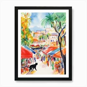 Food Market With Cats In Malibu 4 Watercolour Art Print