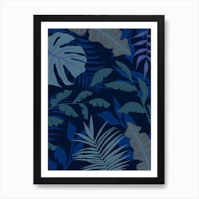 Blue Jungle Leaves Art Print