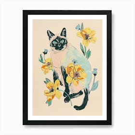 Cute Burmese Cat With Flowers Illustration 3 Art Print