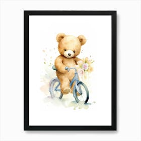 Cycling Teddy Bear Painting Watercolour 2 Art Print