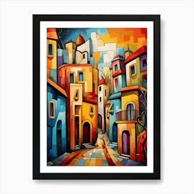 Streets of Fairytale II, Abstract Vibrant Colorful Painting in Cubism Style Art Print
