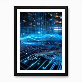 Abstract Cyber Security Theme With Geometric Dots And Lines Forming A Network Like Grid Blue And N (4) Art Print